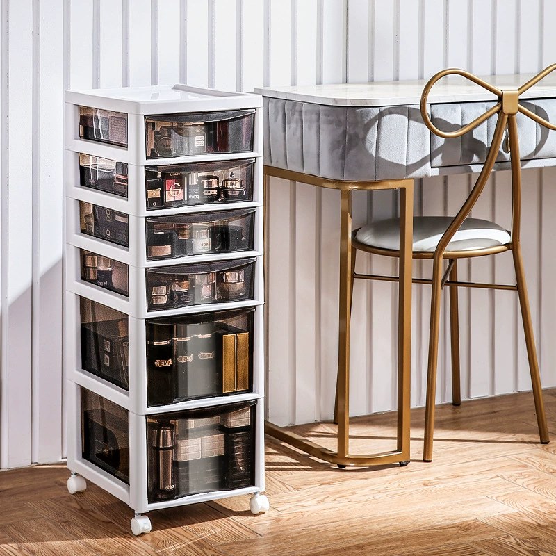 White rolling storage cabinet with transparent drawers